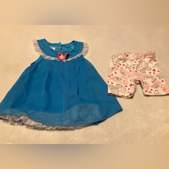 Bon Bebe Other - Blue Baby Dress with Butterfly Appliqué and Pink Butterfly Patterned Shorts